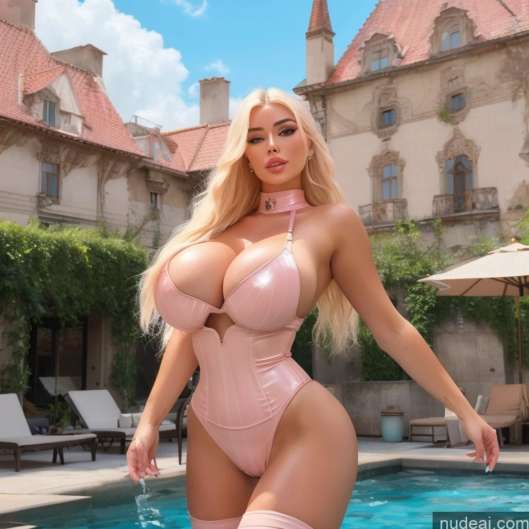 Bimbo Several Busty Huge Boobs Fake Breasts Human SexToy Afingering Nude Detailed Jumping Pool