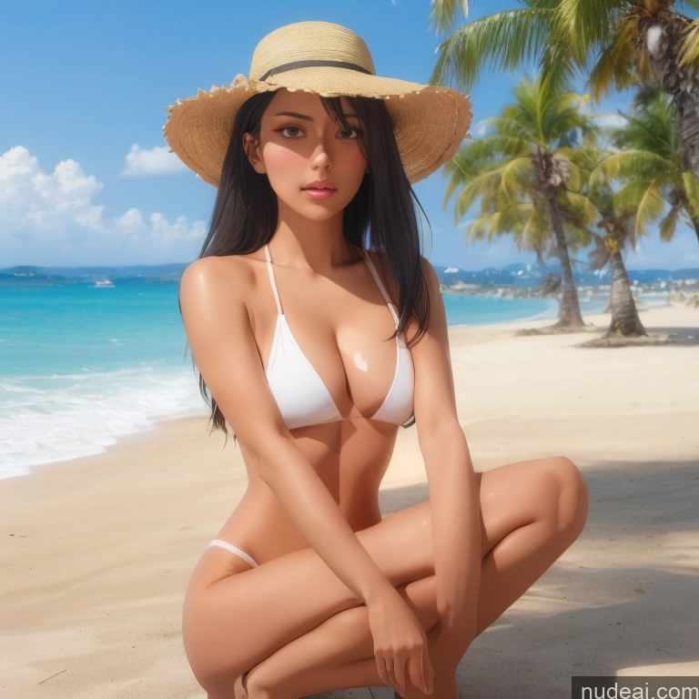 weicher Anime schlank Frau hocken perfekte Brüste Vorderansicht Strand gebräunte