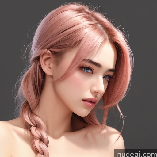 Woman Small Tits Fairer Skin 18 Front View Nude Pink Hair Braided Russian Sad