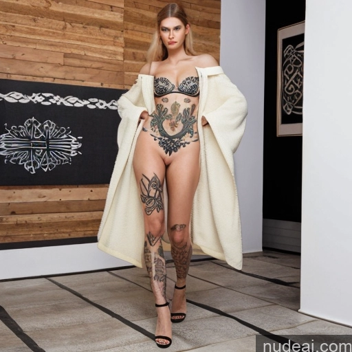 Two Perfect Boobs 18 Front View Long Legs High Heels Open Towel Nude Scandinavian Tattoos Miss Universe Model