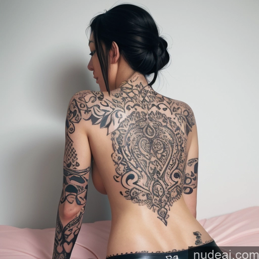 A Naked Woman Bending Over On A Bed Skinny Tattoos Black Hair Back View