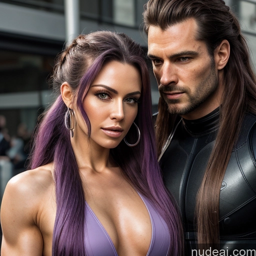 Woman + Man Two Pubic Hair Long Hair Muscular 60s Seductive Purple Hair Pigtails Russian Cyborg Style Cyborg Android Belfast Side View