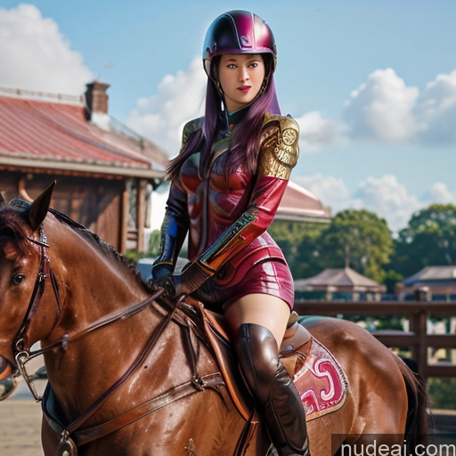 1girl MuQingQing Wooden Horse Equitation Purple Hair Barbarian Woman