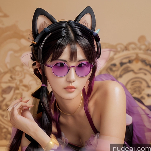 Warm Anime 1girl Kafka, Sunglasses, Eyewear On Head Skin Detail (beta) Purple Hair, Hair Ornament, Twintails, Cat Ears Hairstyle Dunhuang (敦煌) V2