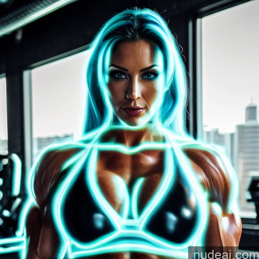 Superhero Cosplay Neon Lights Clothes: Blue Neon Lights Clothes: Yellow Woman Bodybuilder Busty Blonde Blue Hair Russian Front View Abs Power Rangers Deep Blue Eyes