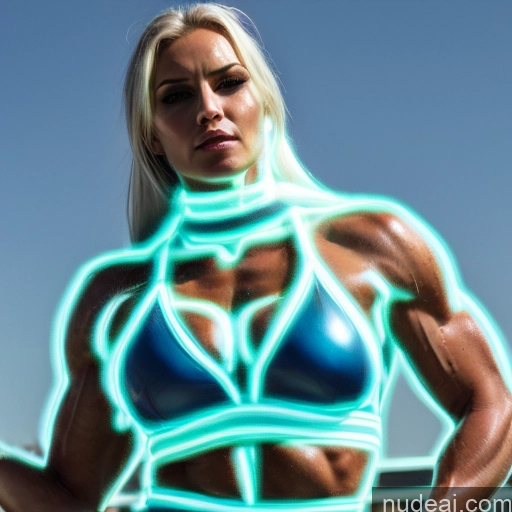 Superhero Cosplay Neon Lights Clothes: Blue Neon Lights Clothes: Yellow Woman Busty Blonde Blue Hair Russian Front View Abs Power Rangers Deep Blue Eyes Muscular Hawkgirl Angel Perfect Boobs