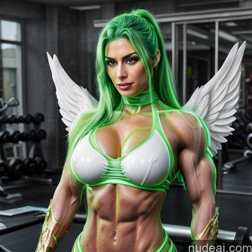 ai nude image of pics of Superhero Woman Busty Muscular Abs Persian Front View Cosplay Halloween Angel Has Wings Several Two Green Hair White Hair Ginger Neon Lights Clothes: Green Neon Lights Clothes: Red