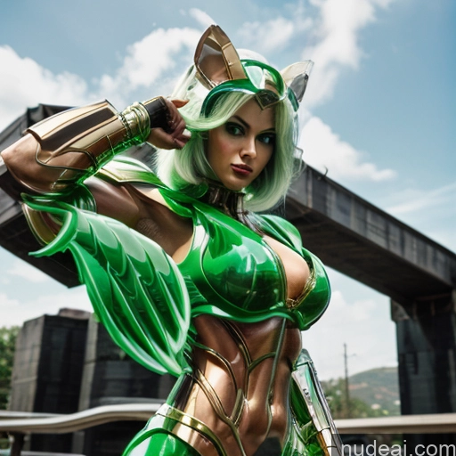 Superhero Woman Busty Persian Front View Perfect Boobs Neon Lights Clothes: Green Neon Lights Clothes: Red Angel Has Wings Green Hair White Hair Ginger SuperMecha: A-Mecha Musume A素体机娘 Bodybuilder Abs Muscular