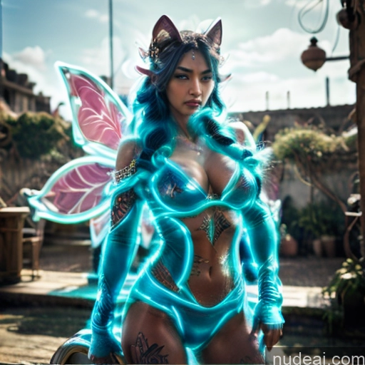 Superhero Woman Busty Muscular Abs Deep Blue Eyes Tattoos Blue Hair Neon Lights Clothes: Blue Front View Cosplay Fairy Has Wings