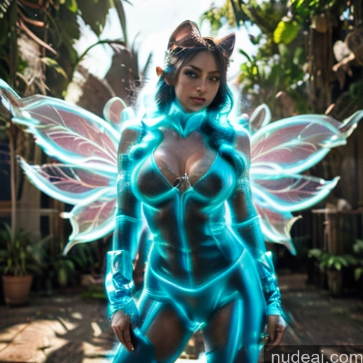 ai nude image of pics of Superhero Woman Busty Muscular Abs Deep Blue Eyes Blue Hair Neon Lights Clothes: Blue Front View Cosplay Fairy Has Wings