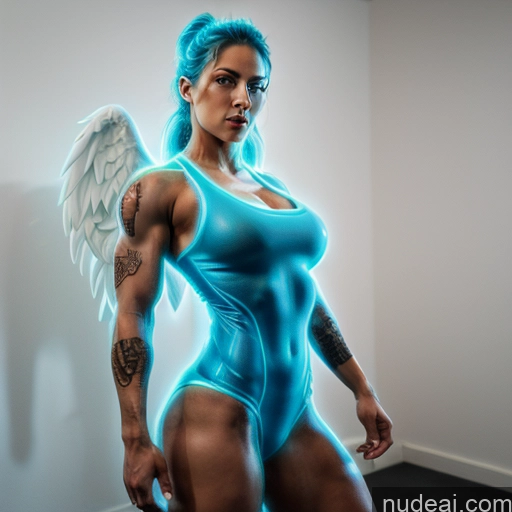 related ai porn images free for Superhero Woman Busty Muscular Abs Deep Blue Eyes Blue Hair Neon Lights Clothes: Blue Front View Has Wings Angel Bodybuilder Science Fiction Style Tattoos