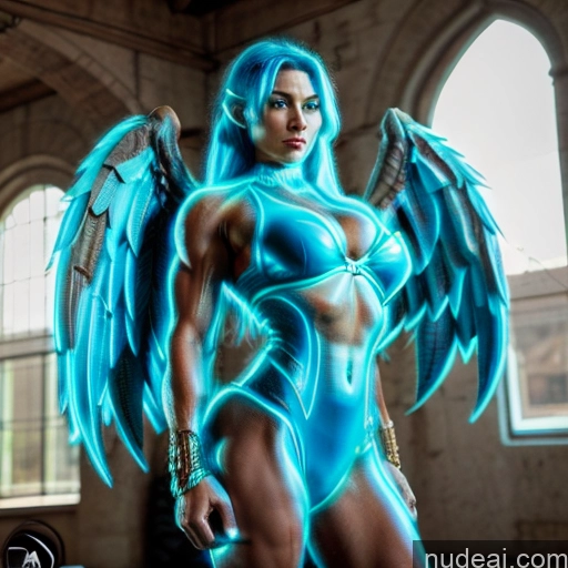 related ai porn images free for Woman Busty Muscular Abs Neon Lights Clothes: Blue Front View Has Wings Angel Fantasy Armor Knight Viking Medieval Cosplay Bodybuilder Perfect Boobs Hawkgirl Blue Hair Deep Blue Eyes Detailed Gold Jewelry Halloween