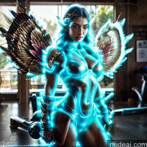 ai nude image of pics of Woman Busty Muscular Abs Front View Has Wings Angel Fantasy Armor Viking Bodybuilder Perfect Boobs Detailed Deep Blue Eyes Blue Hair Neon Lights Clothes: Blue Fairy