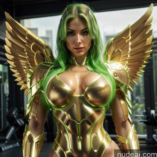 Woman Busty Muscular Abs Front View Has Wings Angel Bodybuilder Perfect Boobs Gold Jewelry SuperMecha: A-Mecha Musume A素体机娘 Superhero Persian Green Hair White Hair Ginger Neon Lights Clothes: Red Neon Lights Clothes: Green