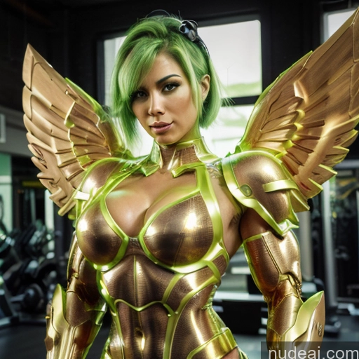 Woman Busty Muscular Abs Front View Has Wings Angel Bodybuilder Perfect Boobs Gold Jewelry SuperMecha: A-Mecha Musume A素体机娘 Superhero Persian Green Hair White Hair Ginger Neon Lights Clothes: Red Neon Lights Clothes: Green