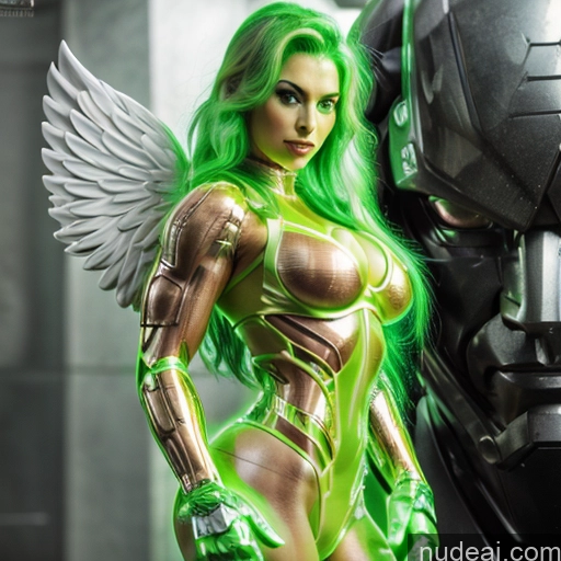 Woman Busty Muscular Abs Front View Has Wings Angel Bodybuilder Perfect Boobs SuperMecha: A-Mecha Musume A素体机娘 Superhero Persian Green Hair Ginger Neon Lights Clothes: Red Neon Lights Clothes: Green Lipstick