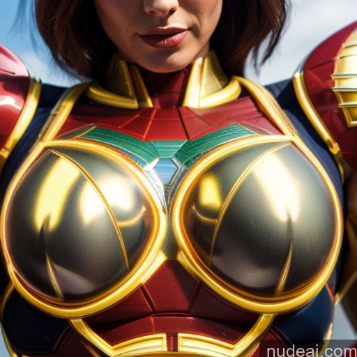 Captain Marvel Busty Abs Front View Woman Superhero Cosplay Neon Lights Clothes: Yellow Bodybuilder SuperMecha: A-Mecha Musume A素体机娘