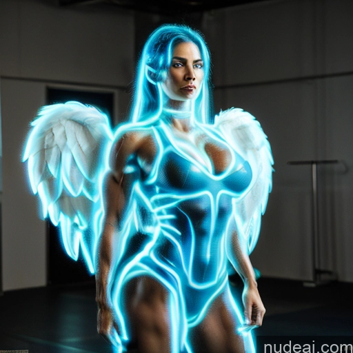 Superhero Neon Lights Clothes: Blue Neon Lights Clothes: Purple Woman Bodybuilder Busty Abs Blue Hair Deep Blue Eyes Front View Perfect Boobs Captain Marvel Power Rangers Cosplay Has Wings Angel Muscular