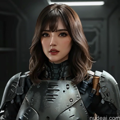 ai nude image of a woman in a futuristic suit standing in a dark room pics of Nude Bangs Wavy Hair EdgHalo_armor, Power Armor, Wearing EdgHalo_armor,