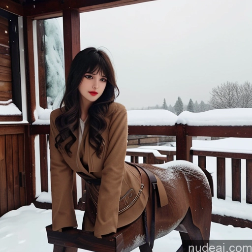 ai nude image of woman in brown coat sitting on a rocking horse in the snow pics of Nude Bangs Wavy Hair Snow Wooden Horse Looking At Sky