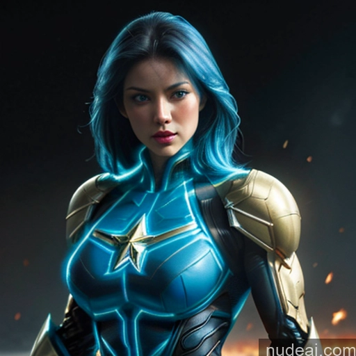 ai nude image of a woman in a blue and gold costume standing in front of a fire pics of Superhero Woman Busty Muscular Abs Blue Hair Deep Blue Eyes Front View Bodybuilder Perfect Boobs Skin Detail (beta) Captain Marvel Neon Lights Clothes: Blue Cosplay Detailed SuperMecha: A-Mecha Musume A素体机娘 Battlefield