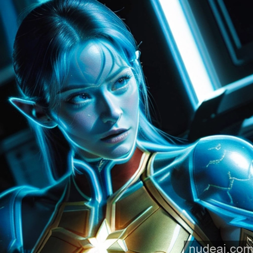 Cosplay Blaue Haare Neonlicht-Kleidung: blau Frau Superheld perfekte Brüste Abs 