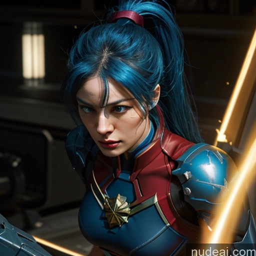 ai nude image of araffe woman with blue hair and a blue wig holding a sword pics of Superhero Captain Marvel Woman Busty Perfect Boobs Muscular Abs Bodybuilder Blue Hair Front View SuperMecha: A-Mecha Musume A素体机娘 Battlefield Science Fiction Style