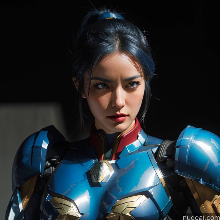 ai nude image of araffed woman in a blue and gold costume posing for a picture pics of Superhero Captain Marvel Woman Busty Perfect Boobs Muscular Abs Bodybuilder Blue Hair Front View SuperMecha: A-Mecha Musume A素体机娘 Battlefield Science Fiction Style Cyborg