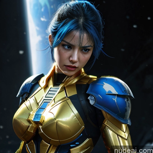 ai nude image of arafed woman in a gold and blue costume standing in front of a planet pics of Superhero Captain Marvel Woman Busty Perfect Boobs Muscular Abs Bodybuilder Blue Hair Front View SuperMecha: A-Mecha Musume A素体机娘 Battlefield Science Fiction Style Cyborg Neon Lights Clothes: Yellow Gold Jewelry