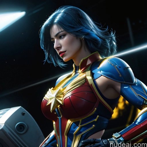 Superhero Captain Marvel Woman Busty Perfect Boobs Muscular Abs Bodybuilder Blue Hair Front View SuperMecha: A-Mecha Musume A素体机娘 Battlefield Science Fiction Style Cyborg Neon Lights Clothes: Yellow Gold Jewelry Neon Lights Clothes: Orange