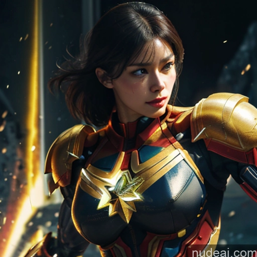 Superhero Captain Marvel Woman Busty Perfect Boobs Muscular Abs Bodybuilder Front View SuperMecha: A-Mecha Musume A素体机娘 Battlefield Science Fiction Style Cyborg Neon Lights Clothes: Yellow Gold Jewelry Neon Lights Clothes: Orange