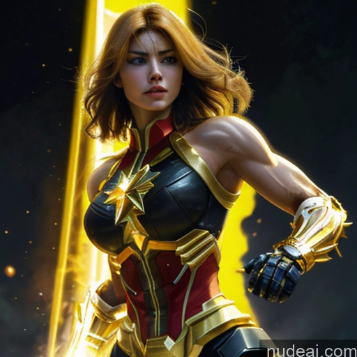 Superhero Captain Marvel Woman Busty Perfect Boobs Muscular Abs Bodybuilder Front View SuperMecha: A-Mecha Musume A素体机娘 Battlefield Science Fiction Style Cyborg Neon Lights Clothes: Yellow Gold Jewelry Neon Lights Clothes: Orange Super Saiyan