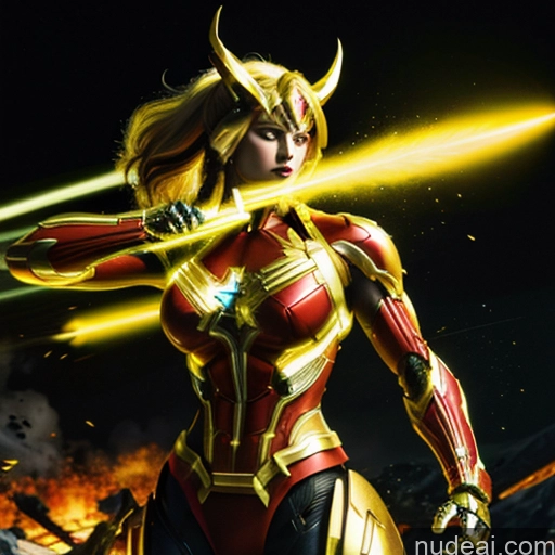 ai nude image of a close up of a woman in a costume with a sword pics of Superhero Captain Marvel Woman Busty Perfect Boobs Muscular Abs Bodybuilder Front View SuperMecha: A-Mecha Musume A素体机娘 Battlefield Science Fiction Style Cyborg Neon Lights Clothes: Yellow Gold Jewelry Neon Lights Clothes: Orange Super Saiyan