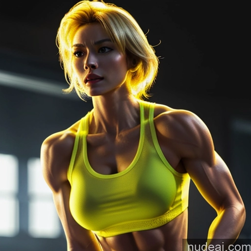 Neonlicht-Kleidung: gelb Bodybuilder perfekte Brüste Abs vollbusig blond Vordera