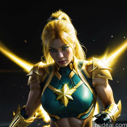 Superhero Captain Marvel Woman Busty Perfect Boobs Muscular Abs Bodybuilder Front View Battlefield Science Fiction Style Neon Lights Clothes: Yellow Gold Jewelry Neon Lights Clothes: Orange Super Saiyan Blonde SuperMecha: A-Mecha Musume A素体机娘