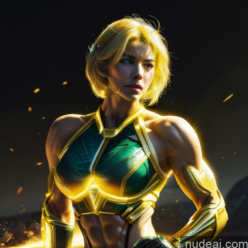 Superhero Captain Marvel Woman Busty Perfect Boobs Muscular Abs Bodybuilder Front View Battlefield Science Fiction Style Neon Lights Clothes: Yellow Gold Jewelry Neon Lights Clothes: Orange Super Saiyan Blonde SuperMecha: A-Mecha Musume A素体机娘