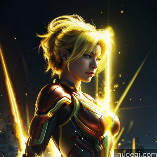 ai nude image of a close up of a woman in a suit with a sword pics of Superhero Captain Marvel Woman Busty Perfect Boobs Muscular Abs Bodybuilder Front View Battlefield Science Fiction Style Neon Lights Clothes: Yellow Gold Jewelry Neon Lights Clothes: Orange Super Saiyan Blonde SuperMecha: A-Mecha Musume A素体机娘