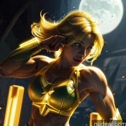 Neonlicht-Kleidung: gelb blond Bodybuilder Vorderansicht Superheld Neonlicht-Kle