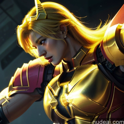Superhero Captain Marvel Woman Busty Perfect Boobs Muscular Abs Bodybuilder Front View Battlefield Science Fiction Style Neon Lights Clothes: Yellow Gold Jewelry Neon Lights Clothes: Orange Super Saiyan Blonde SuperMecha: A-Mecha Musume A素体机娘 Cyborg