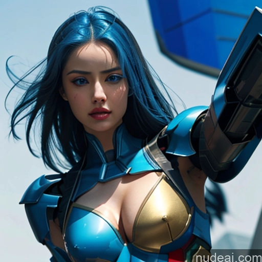 ai nude image of araffed woman in a blue and gold costume holding a gun pics of Woman Bodybuilder Busty Muscular Abs Perfect Boobs Deep Blue Eyes Blue Hair Skin Detail (beta) Front View Cosplay Superhero Detailed SuperMecha: A-Mecha Musume A素体机娘 Captain Marvel Science Fiction Style
