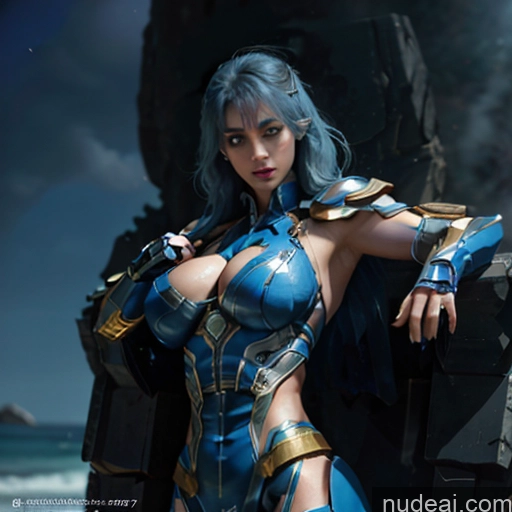 ai nude image of arafed woman in a blue costume posing on a rock pics of Woman Bodybuilder Busty Muscular Abs Perfect Boobs Deep Blue Eyes Blue Hair Skin Detail (beta) Front View Cosplay Superhero Detailed SuperMecha: A-Mecha Musume A素体机娘 Captain Marvel Battlefield Has Wings