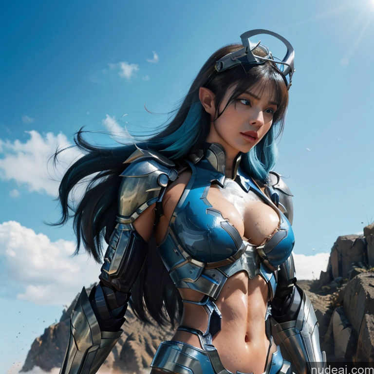ai nude image of arafed woman in armor posing in front of a rocky area pics of Woman Bodybuilder Busty Muscular Abs Perfect Boobs Blue Hair Skin Detail (beta) Front View Cosplay Superhero Detailed SuperMecha: A-Mecha Musume A素体机娘 Captain Marvel Battlefield Has Wings Deep Blue Eyes Angel
