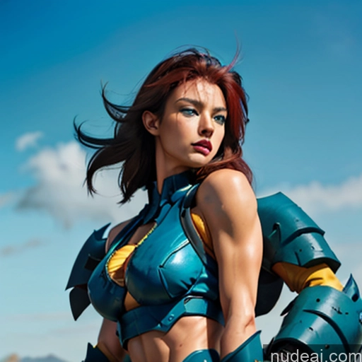 Frau Bodybuilder Blaue Haare perfekte Brüste Superheld Hat Flügel Cosplay vollbu
