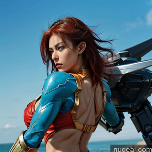 ai nude image of arafed woman in a bikini and armor standing next to a giant robot pics of Woman Bodybuilder Busty Muscular Abs Perfect Boobs Blue Hair Skin Detail (beta) Cosplay Superhero Detailed Captain Marvel Has Wings SuperMecha: A-Mecha Musume A素体机娘 Super Saiyan 4 Super Saiyan Deep Blue Eyes Front View