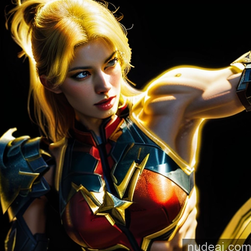 Woman Bodybuilder Busty Muscular Abs Perfect Boobs Skin Detail (beta) Cosplay Detailed Captain Marvel SuperMecha: A-Mecha Musume A素体机娘 Super Saiyan Front View Blonde Neon Lights Clothes: Yellow Battlefield Neon Lights Clothes: Orange