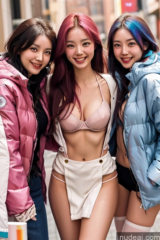 ai nude image of three women in underwear posing for a picture in a city pics of 18 Rainbow Haired Girl Happy Oversized Clothing Puffer Jacket