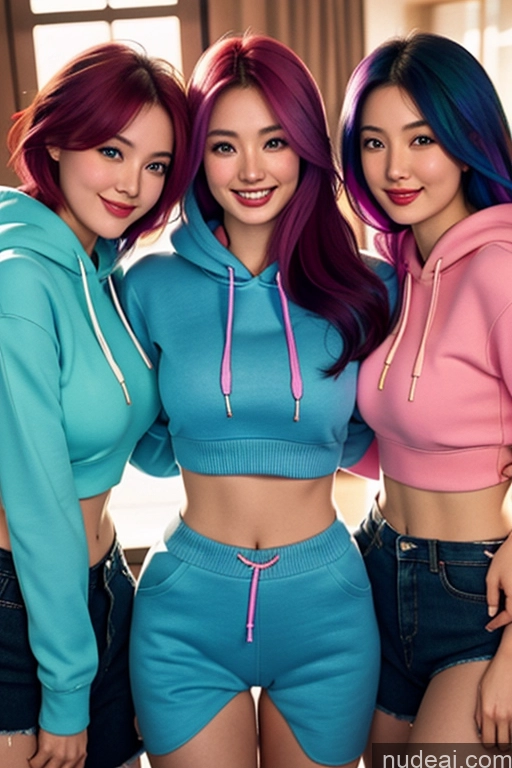 ai nude image of three women with colorful hair posing for a picture in a room pics of 18 Rainbow Haired Girl Happy Cropped Hoodie Underboob, Hoddie
