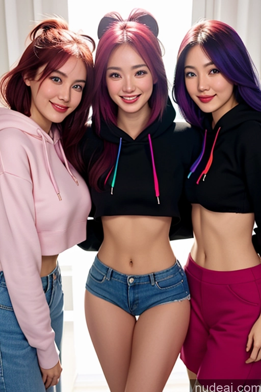 ai nude image of three women with purple hair posing for a picture in a room pics of 18 Rainbow Haired Girl Happy Cropped Hoodie Underboob, Hoddie