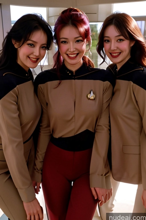ai nude image of three women in uniform posing for a picture in a building pics of 18 Rainbow Haired Girl Happy Star Trek TNG Uniforms: Captains Nude