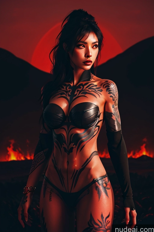 ai nude image of sexy woman with tattoos on her body in a desert setting pics of Woman Human SexToy Hell Bdsm Tattoos Perfect Body Nanosuit Devil